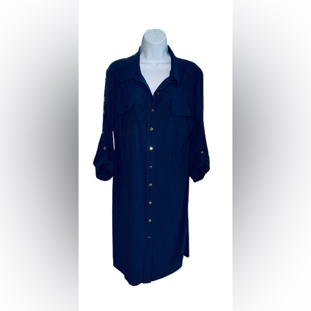 Soho apparel, LTD, medium navy blue dress with gold tone, buttons, 4/3 sleeves - Picture 2 of 5